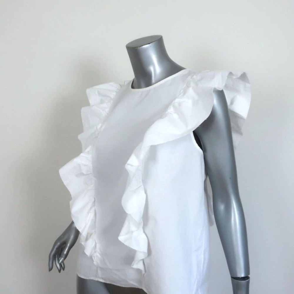 Current/Elliott Ruffled Top White Cotton Poplin Size 2 Sleeveless Blouse - Picture 3 of 7